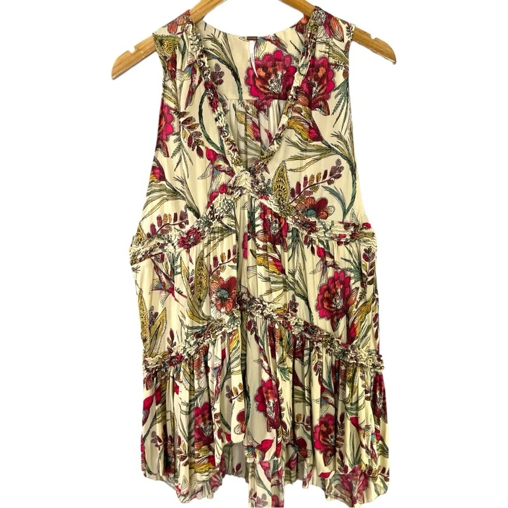 Free People Haze Floral Printed Tunic Tank Size Small Neutral Multi Hummingbird - Picture 6 of 9